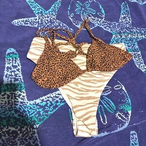 Aerie Mix Match Animal Print Bikini Leopard Triangle Top Zebra Cheeky Bottom M